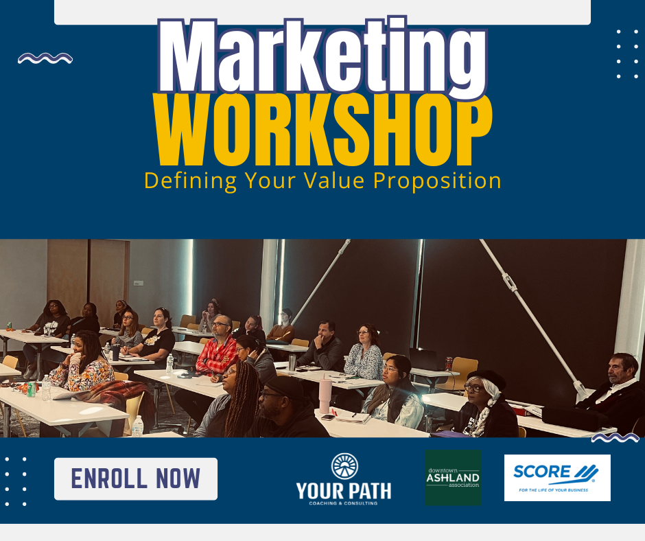 People sit in a classroom, focused on a "Marketing Workshop" about value propositions. Text: "Enroll Now" and logos. Blue and yellow theme.