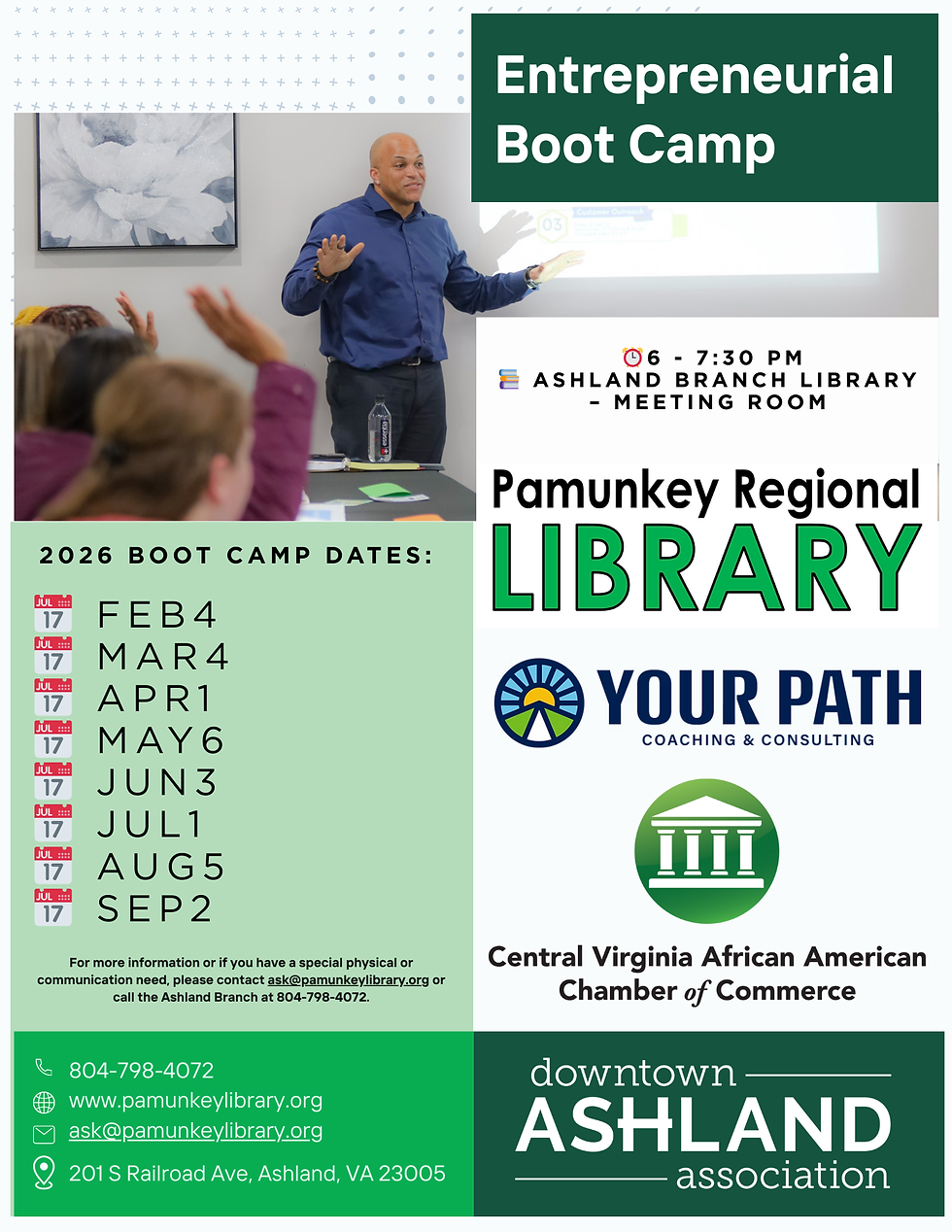 Man in blue shirt presenting at a library boot camp. Text lists 2026 dates. Logos and contact info at the bottom. Green and white theme.