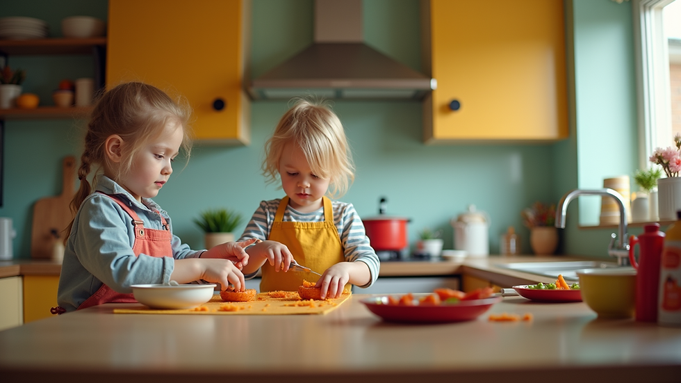 Wide angle view of a colorful kitchen with children cooking