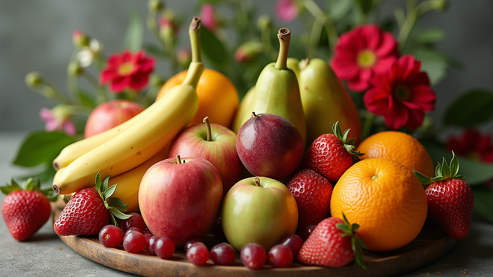 Close-up view of a classic still life arrangement featuring fruits and flowers