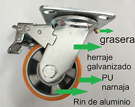 Rodaja de PU naranja con rin de aluminio _ giratoria con freno.png