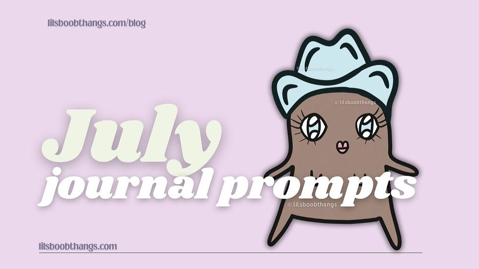 Blob chick wearing a blue cowboy hat beside text "July journal prompts" on a pastel pink background. URL "lilsboobthangs.com/blog" visible.