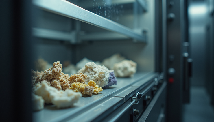 Close-up view of mineral samples stored in a secure geovault container