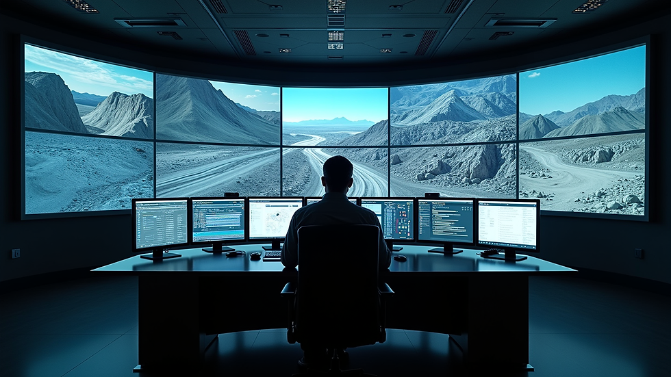 Eye-level view of control room with multiple screens displaying mineral tracking data
