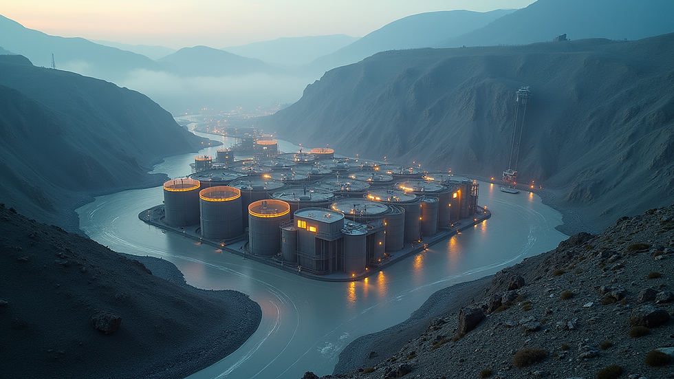 High angle view of mineral storage facility with digital tracking devices