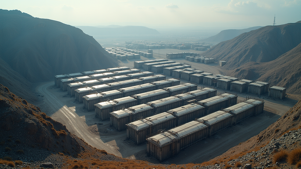 High angle view of mineral storage facility with secured containers