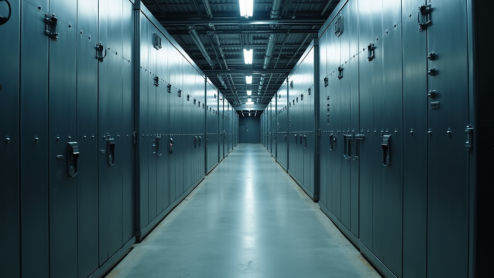 Eye-level view of a secure mineral storage facility with advanced security systems