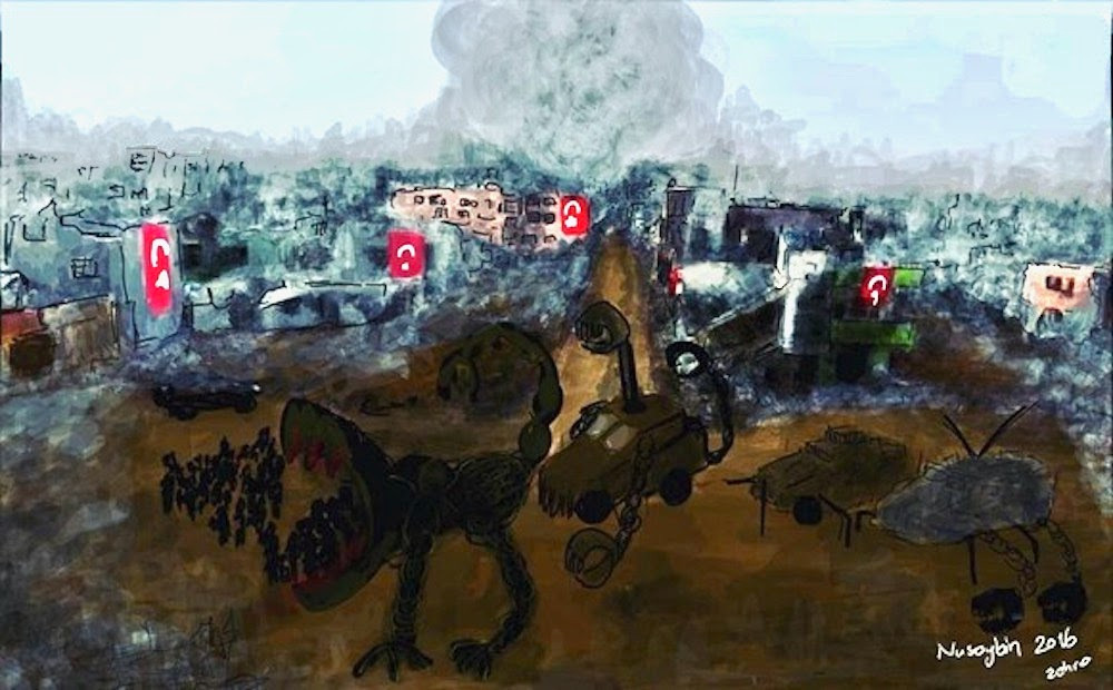 A smartphone drawing by Zehra Dogan of Nusaybin, Turkey destroyed by military forces