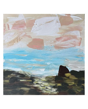 Original acrylic painting by Jessie Hancock of abstract landscape with large pink and white clouds and turquoise water near land of dark green, white, and earth tones.