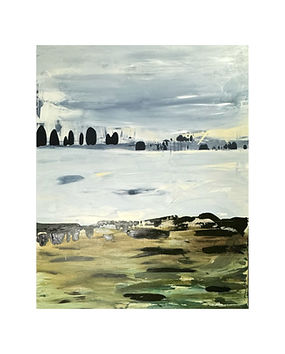 Original acrylic painting by Jessie Hancock of abstract landscape with cool tones of blue, white, green, brown. 