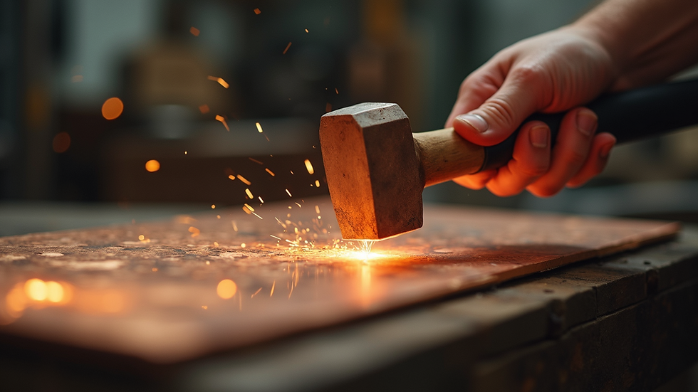 Close-up view of a copper sheet being hammered into shape
