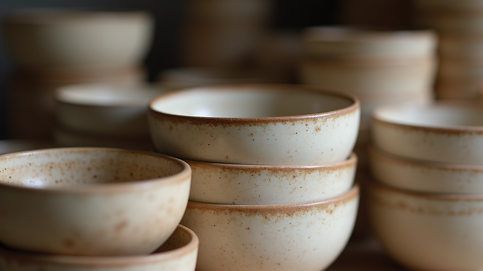 Close-up view of handmade ceramic bowls stacked for wholesale