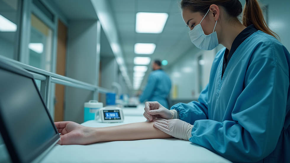 Eye-level view of a mobile phlebotomist preparing blood collection equipment