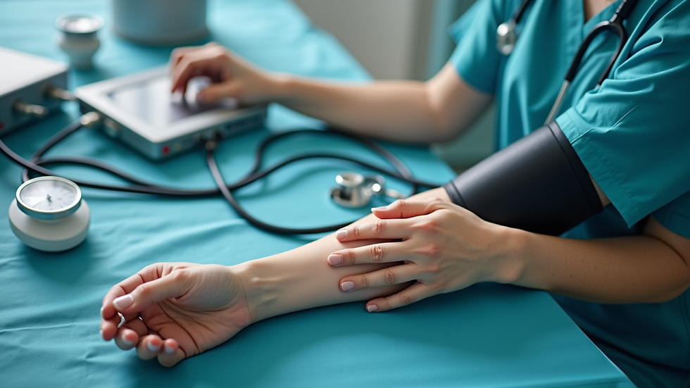 High angle view of a healthcare professional preparing blood pressure equipment