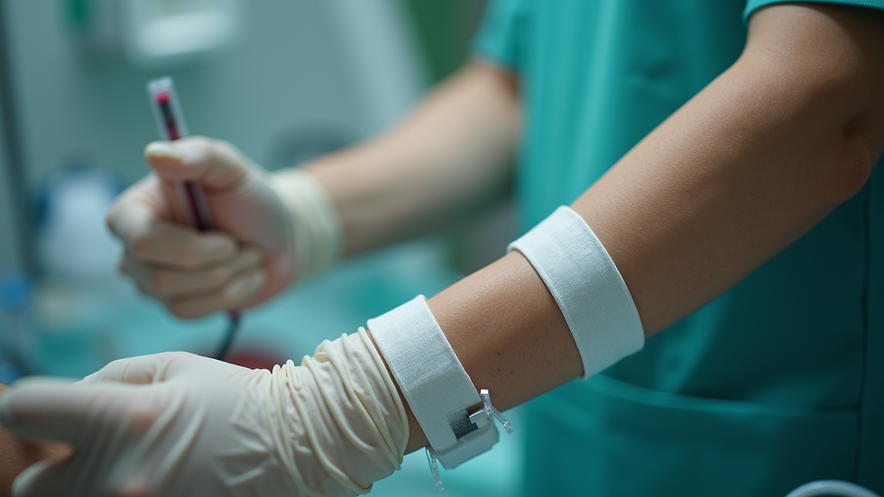 Close-up view of a tourniquet wrapped around an arm before blood collection