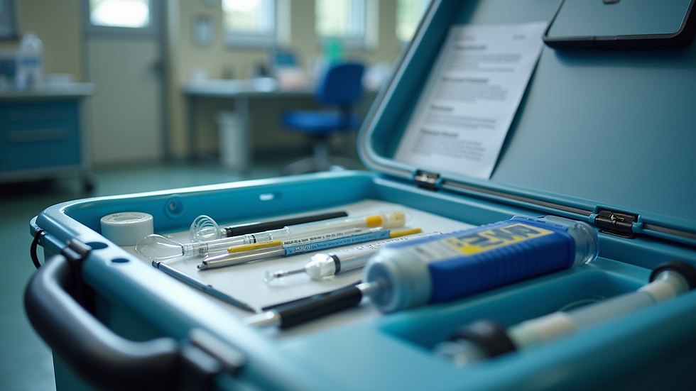 High angle view of a mobile phlebotomist’s portable kit with supplies