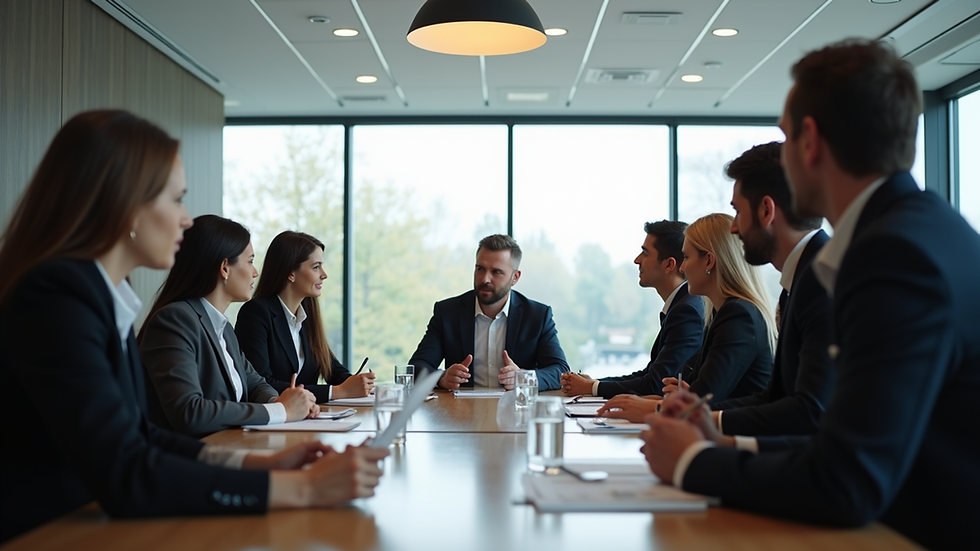 Eye-level view of a roundtable meeting with leaders discussing strategy