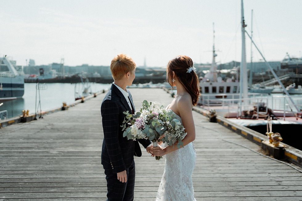 lgbtqi+ couple looks out the reykjavik harbour during their destination wedding in iceland.