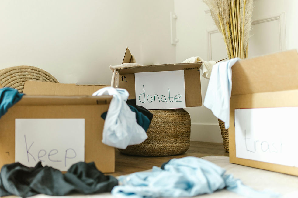 Three cardboard boxes labeled "keep," "donate," and "trash" are surrounded by clothes in a bright room with pampas grass decor.