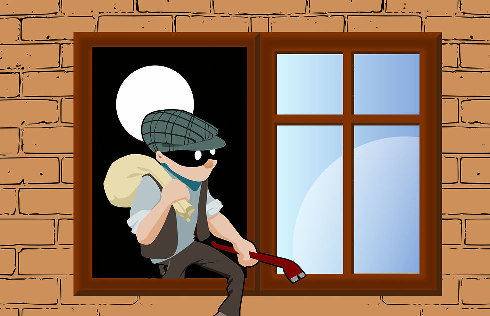 Cartoon burglar with a sack and crowbar climbing through an open window in a brick wall at night.