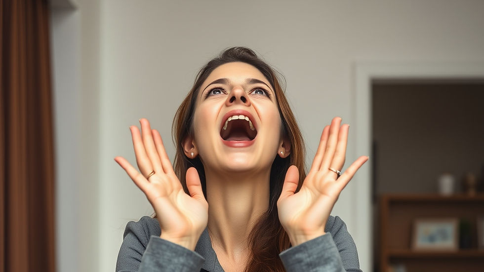 Woman in a grey jacket, looking up and shouting with excitement. 