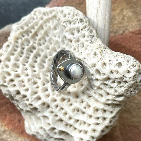 Pearl on sterling silver pear with accent of 18K gold ringby linda parks