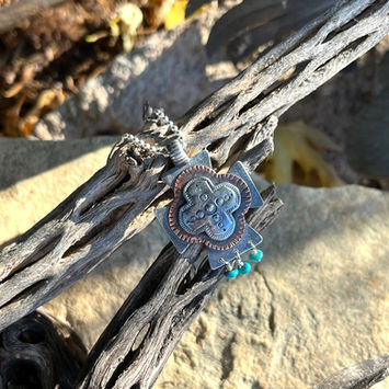 Sterling and copper cross with turquoise by Linda Parks