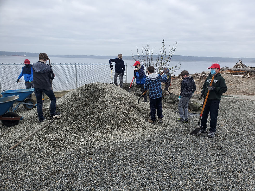 Scouts shoveling a pile of gravel