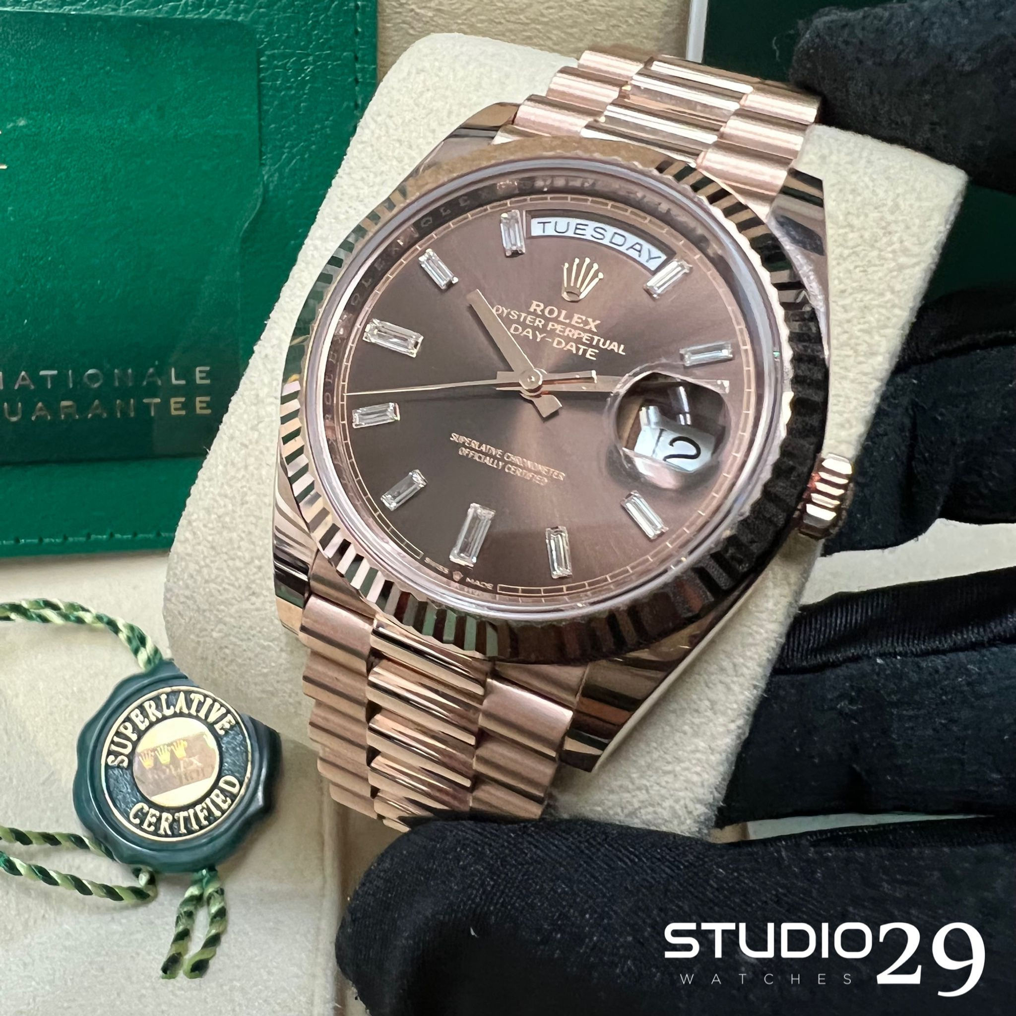 2021 Rolex Day Date Rose Gold Baguette Diamond Dial - 40 MM