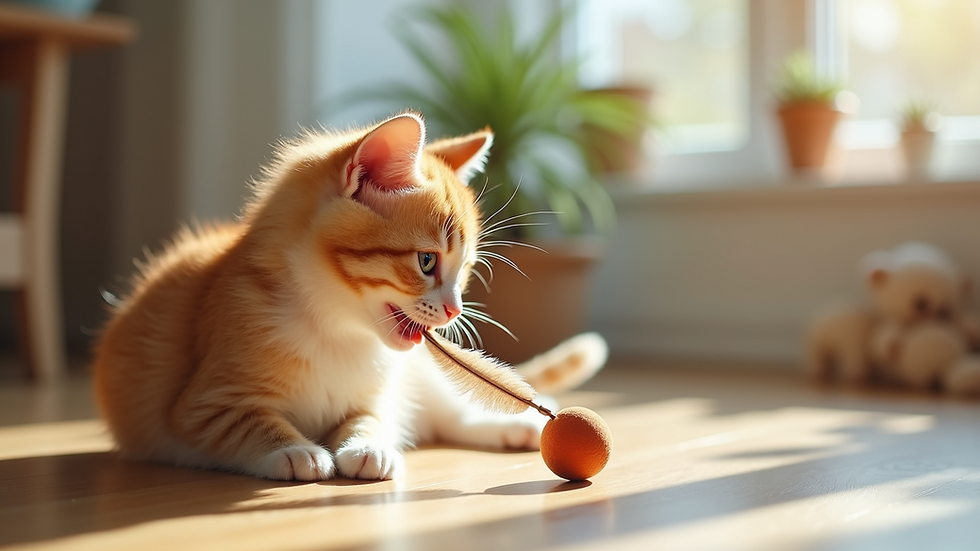 Close-up of a cat playing with a feather toy in a bright playroom