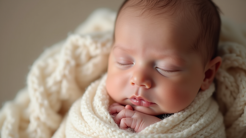 Close-up view of a newborn baby wrapped in a soft blanket during a photoshoot
