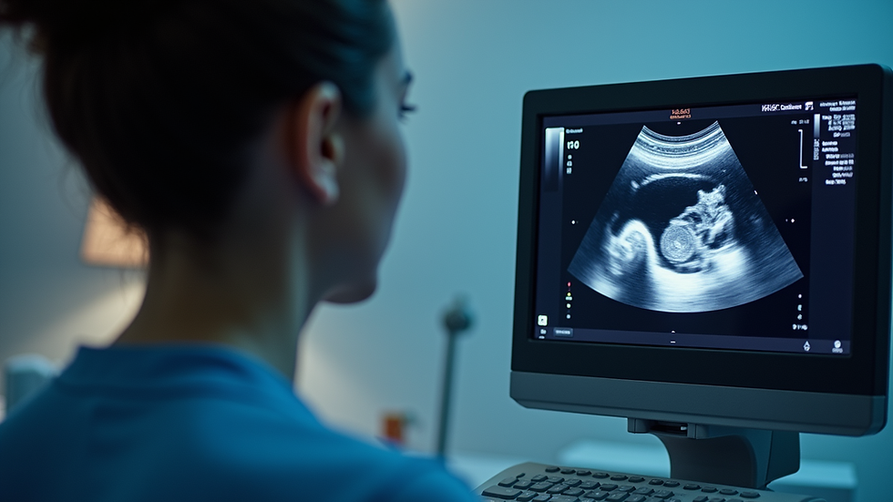 Eye-level view of ultrasound machine displaying a 4D image of a baby in the womb
