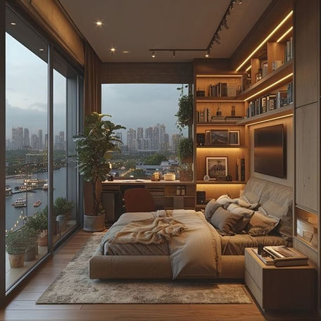 Chambre avec rangements optimisés et bureau intégré, vue citadine imprenable