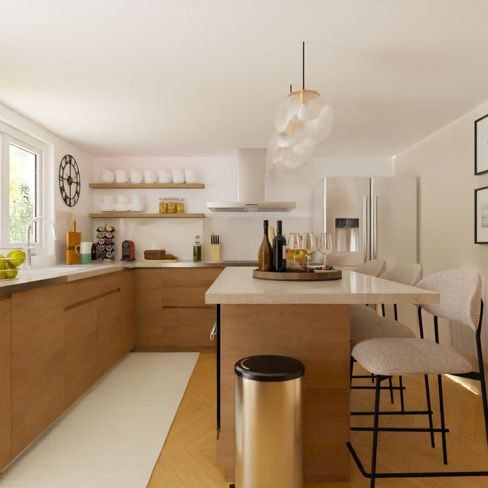 Ilot central de cuisine tendance avec suspensions en verre et métal doré pour apporter une touche d'élégance