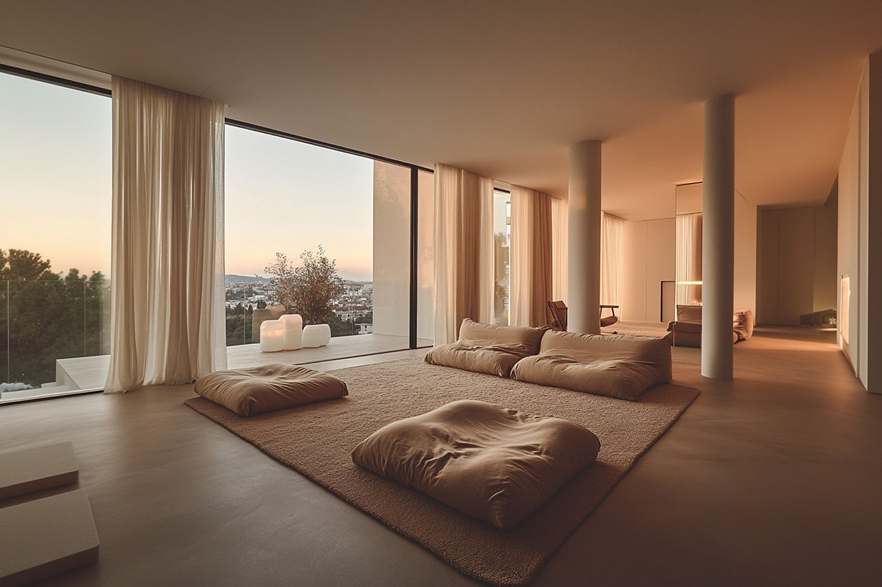 Spacious living room with large comfortable beige poufs for a pure and minimalist look