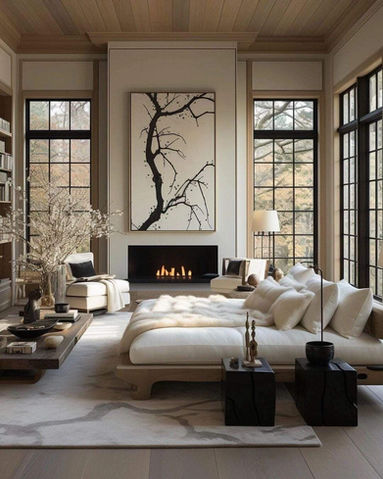 Salon luxueux, blanc et noir, contemporain et cosy avec cheminée, grand tapis marbré et canapés blancs