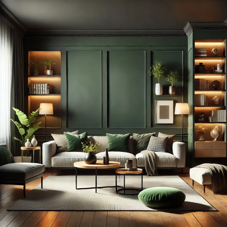 Mur peint en vert forêt dans salon moderne et organique
