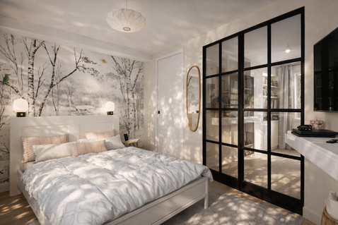 Chambre d'un studio fonctionnel avec papier peint panoramique blanc hiver.