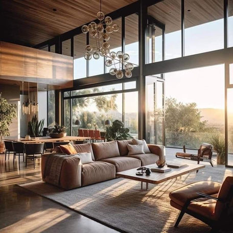 Espace salon, salle à manger moderne et cosy avec grandes baies vitrées