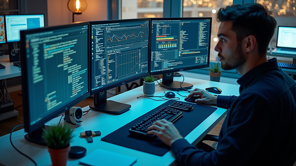 High angle view of a modern tech workspace with multiple screens