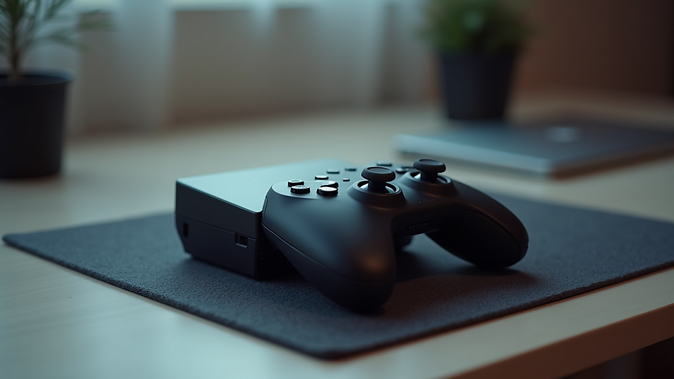 Eye-level view of a prototype gaming console on a table