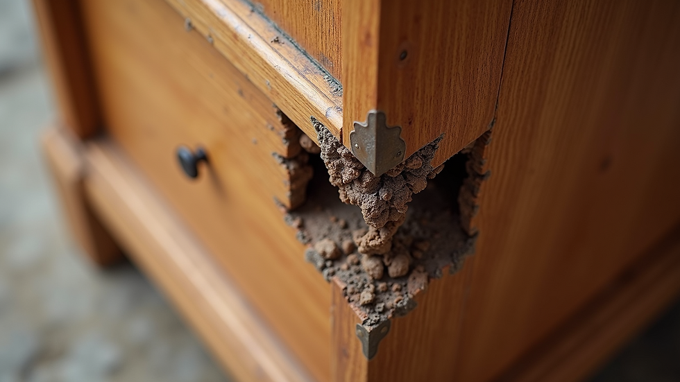 High angle view of termite damage on wooden furniture