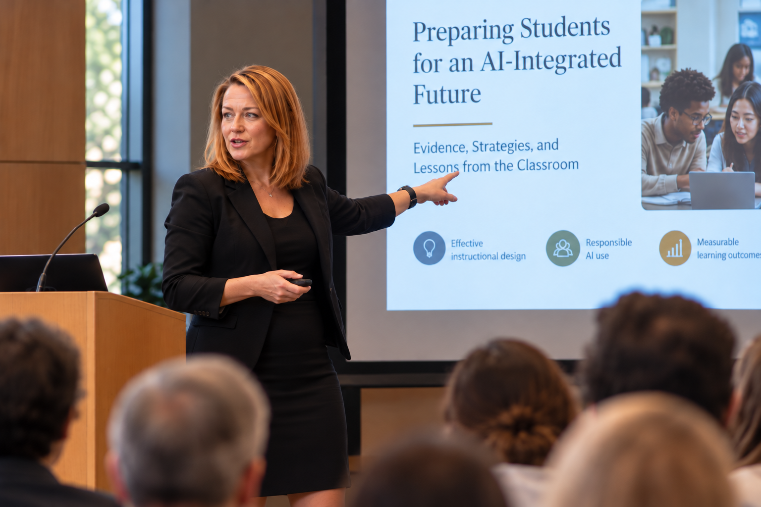 Laura D. Young presenting to an academic audience about evidence, strategy, and AI-integrated learning