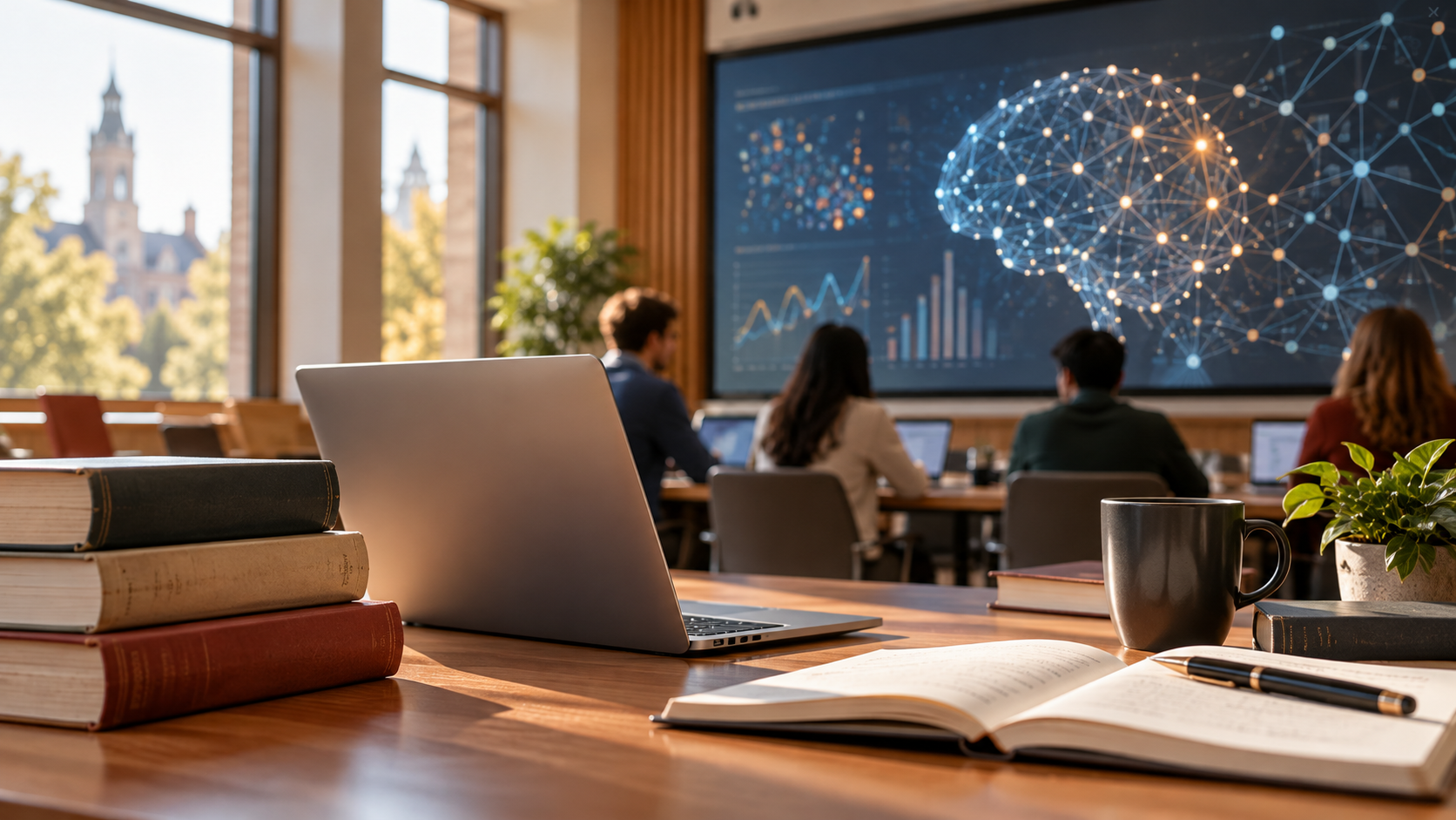 Students learning about artificial intelligence in a university research seminar with neural network visualization on the classroom display