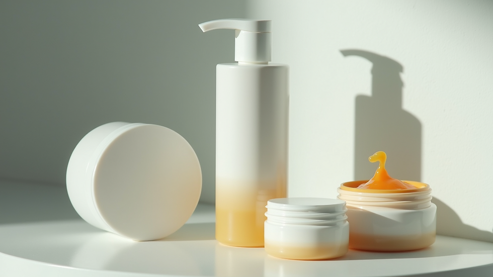 Eye-level view of a skincare routine setup with moisturizer and sunscreen