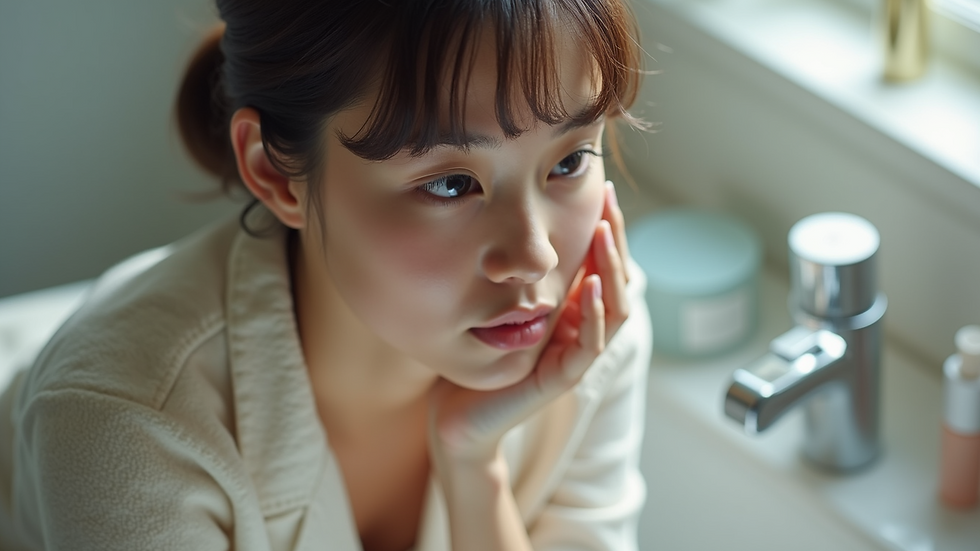 High angle view of a young adult contemplating skincare options