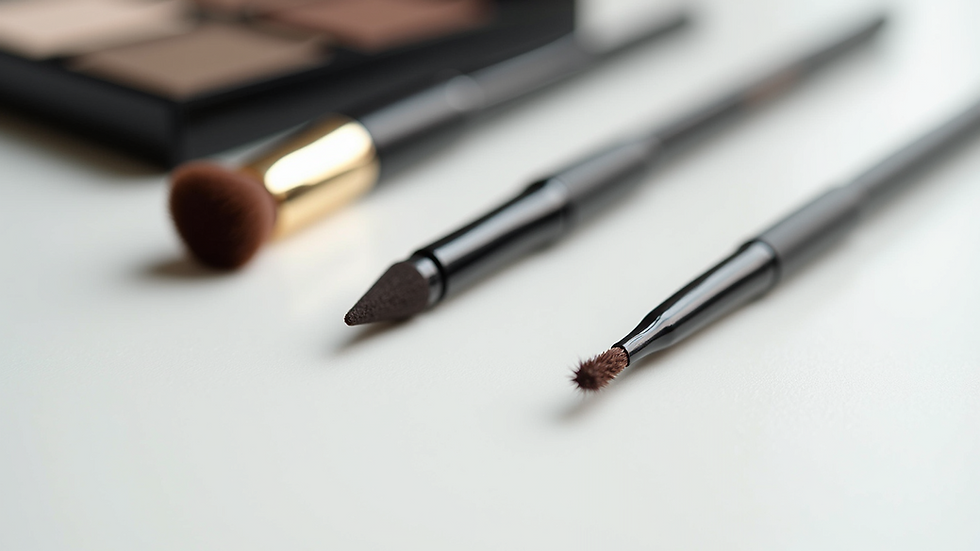 Close-up view of eyebrow makeup tools on a white surface