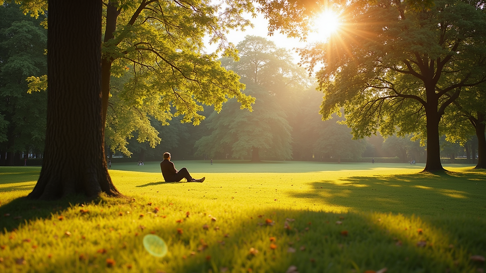 High angle view of a sunlit park with a person relaxing