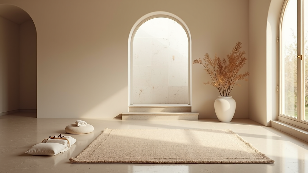 Eye-level view of a serene meditation space with calming decor