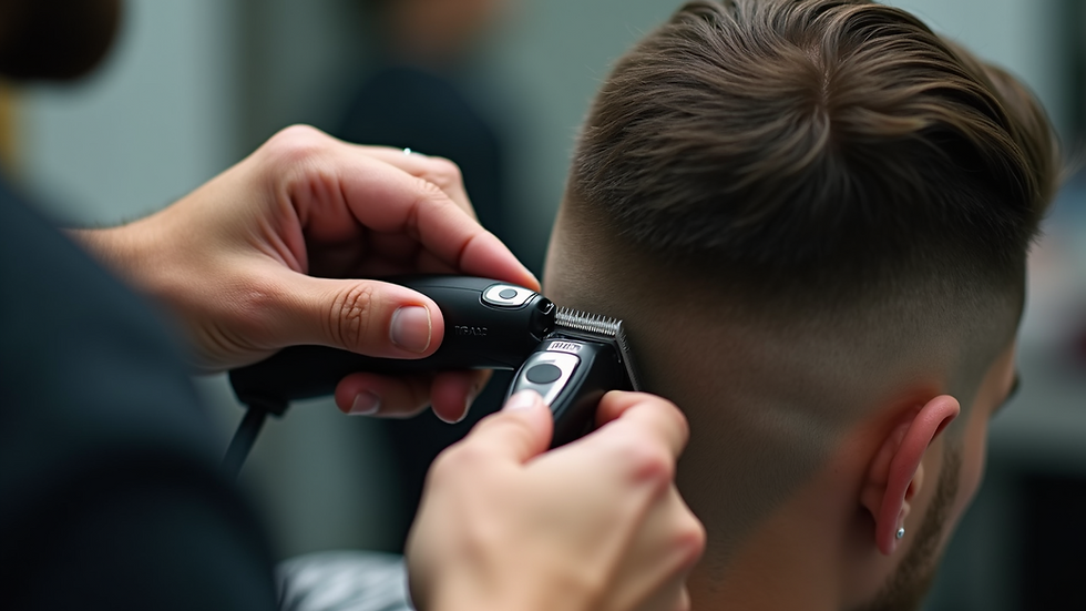 Close-up view of a barber using clippers to create a taper fade style